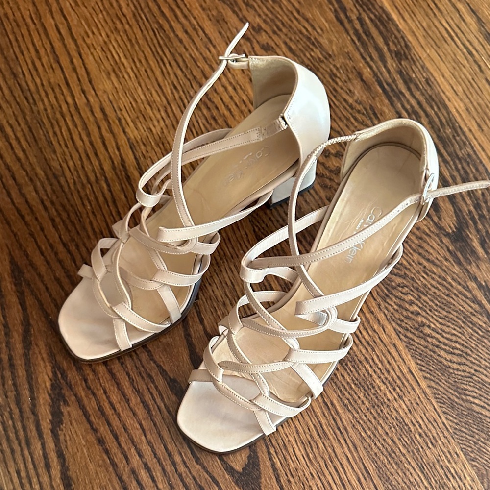 Calvin Klein All Leather Elegant Cream Strappy Heels Made in Italy